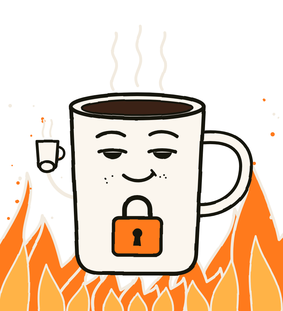 The thisisfine mascot: a calm coffee mug with a padlock on its chest, raising a tiny cup while flames burn below